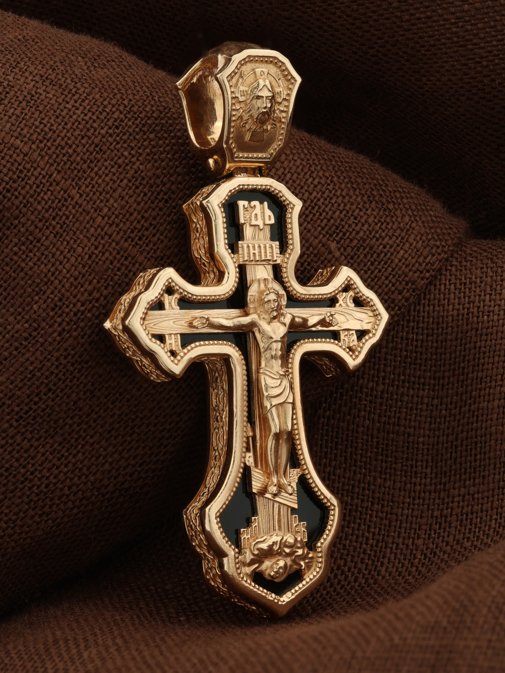 Крест из красного золота 585 пробы c ониксом