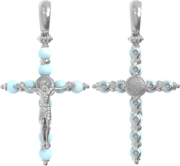 Крест из белого золота 585 пробы c бирюзой