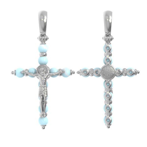 Крест из белого золота 585 пробы c бирюзой