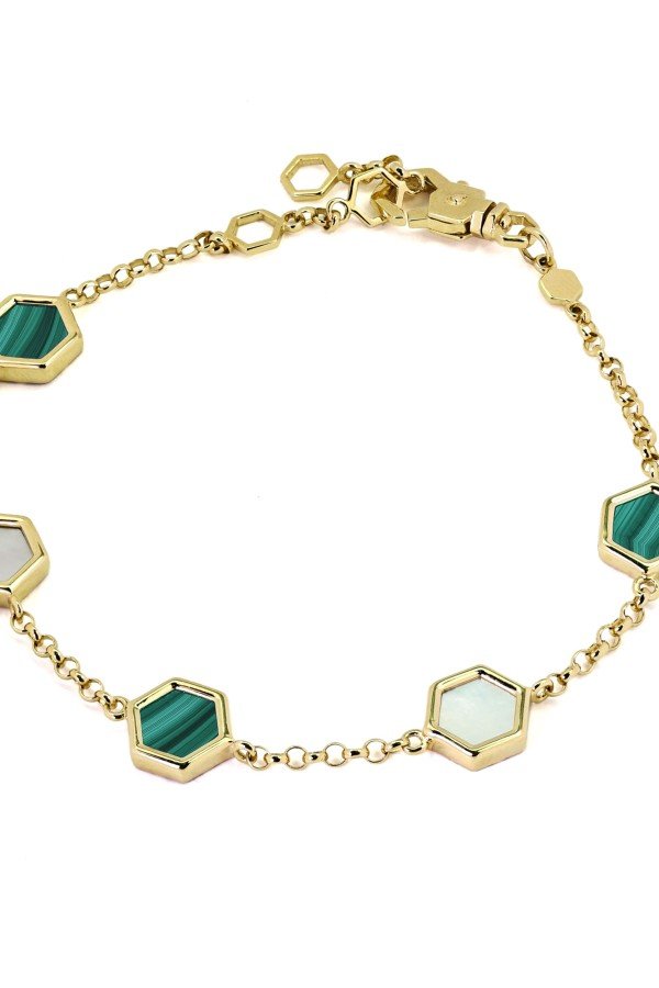 Браслет из лимонного золота c малахитом и перламутром