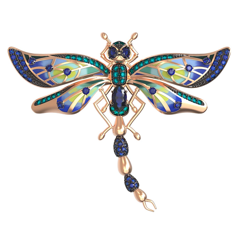 Брошь из красного золота 585 пробы c фианитом, сапфиром и эмалью