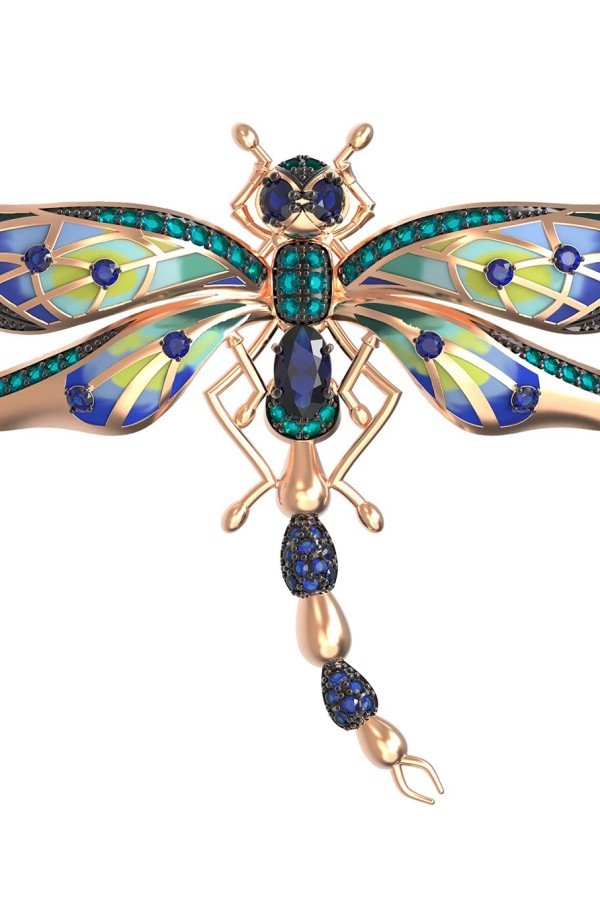 Брошь из золота c фианитом, сапфиром и эмалью
