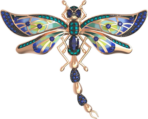 Брошь из красного золота 585 пробы c фианитом, сапфиром и эмалью