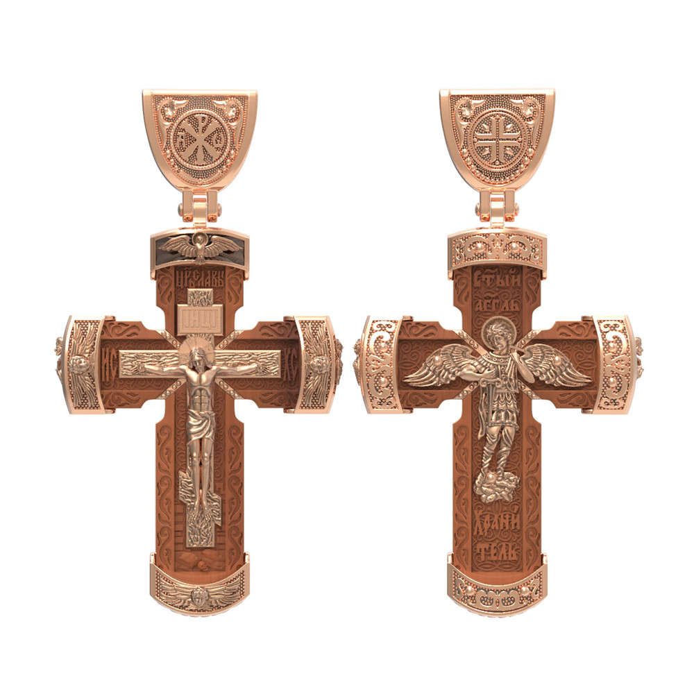 Крест из красного золота 585 пробы c деревом груши