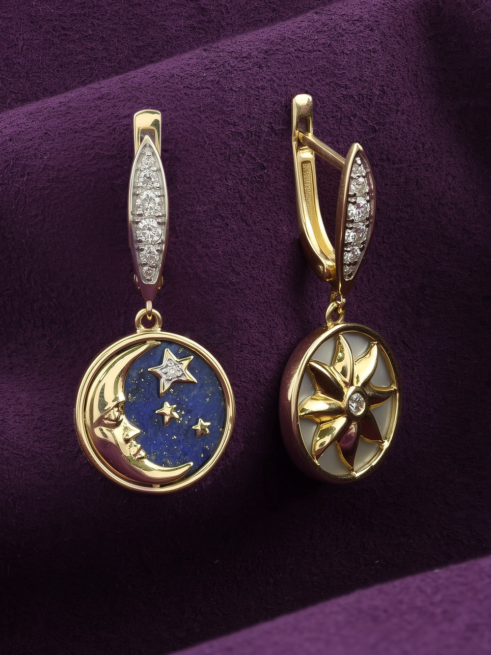 Серьги из лимонного золота 585 пробы c бриллиантами, лазуритом и перламутром