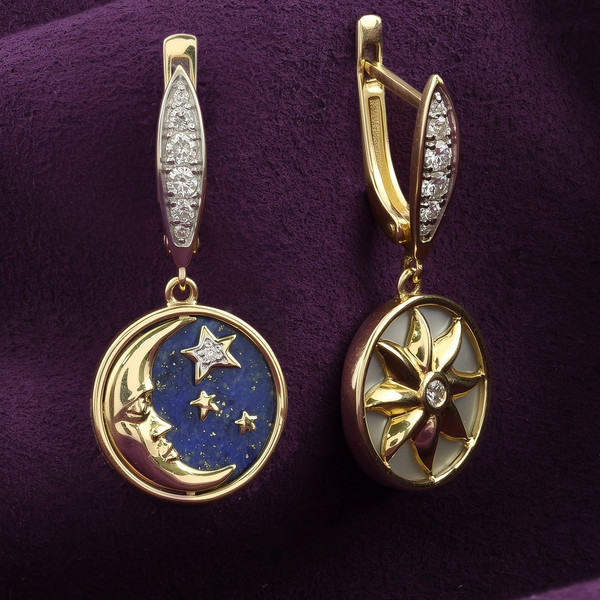 Серьги из лимонного золота 585 пробы c бриллиантами, лазуритом и перламутром