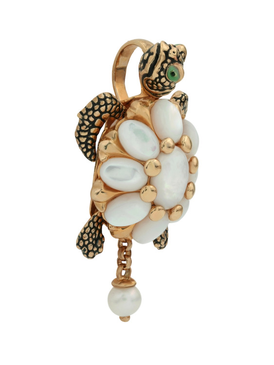 Подвеска из красного золота 585 пробы c эмалью, жемчугом и перламутром