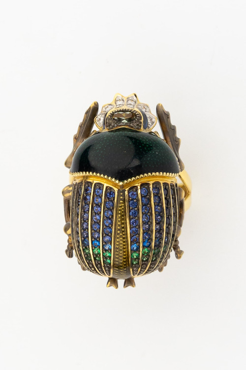 Кольцо из лимонного золота 585 пробы c эмалью, фианитом и турмалином