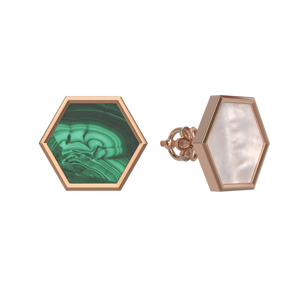 Серьги из красного золота 585 пробы c малахитом и перламутром