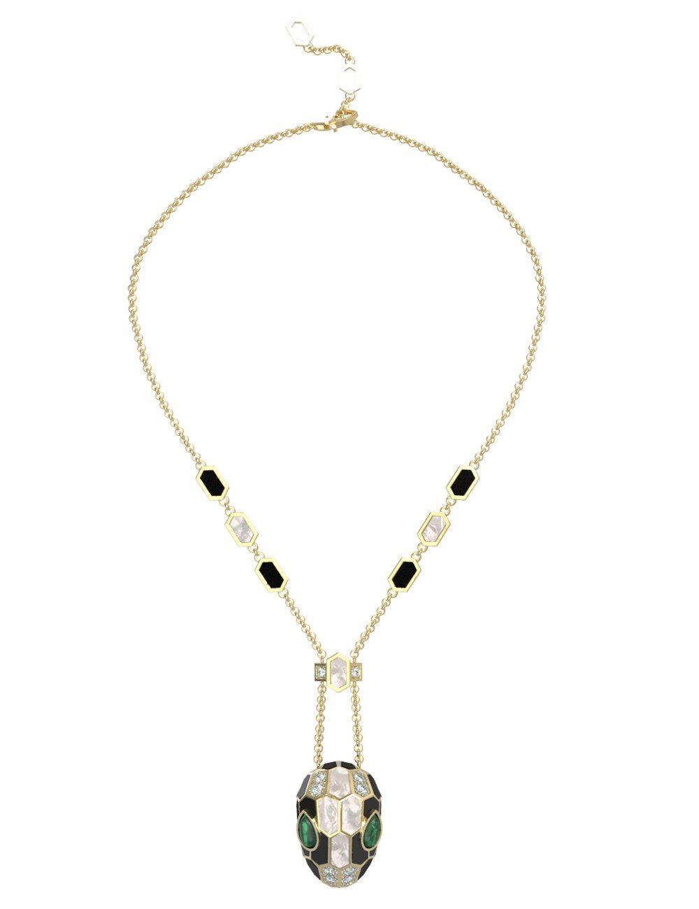 Колье из лимонного золота c бриллиантами, рубином, ониксом, малахитом и перламутром