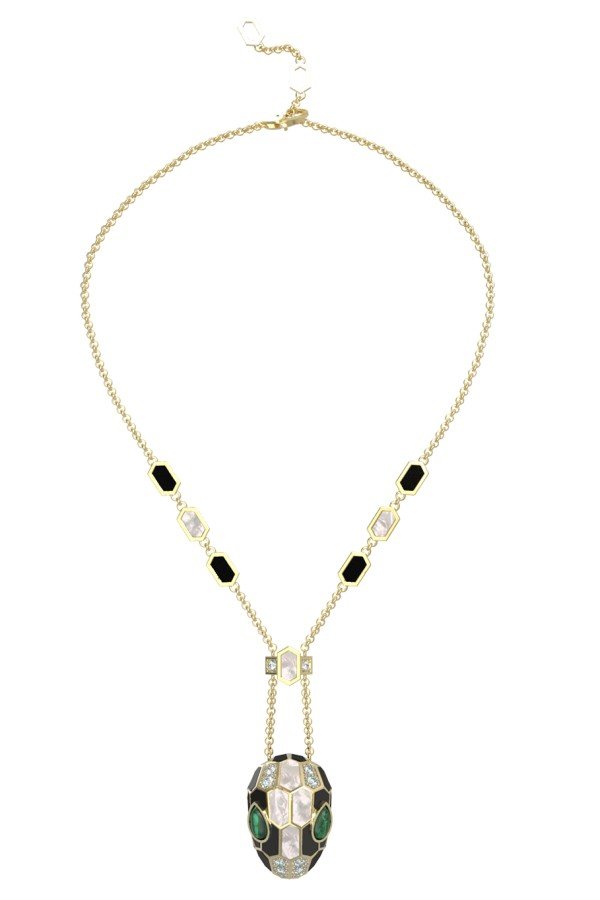 Колье из лимонного золота c бриллиантами, рубином, ониксом, малахитом и перламутром