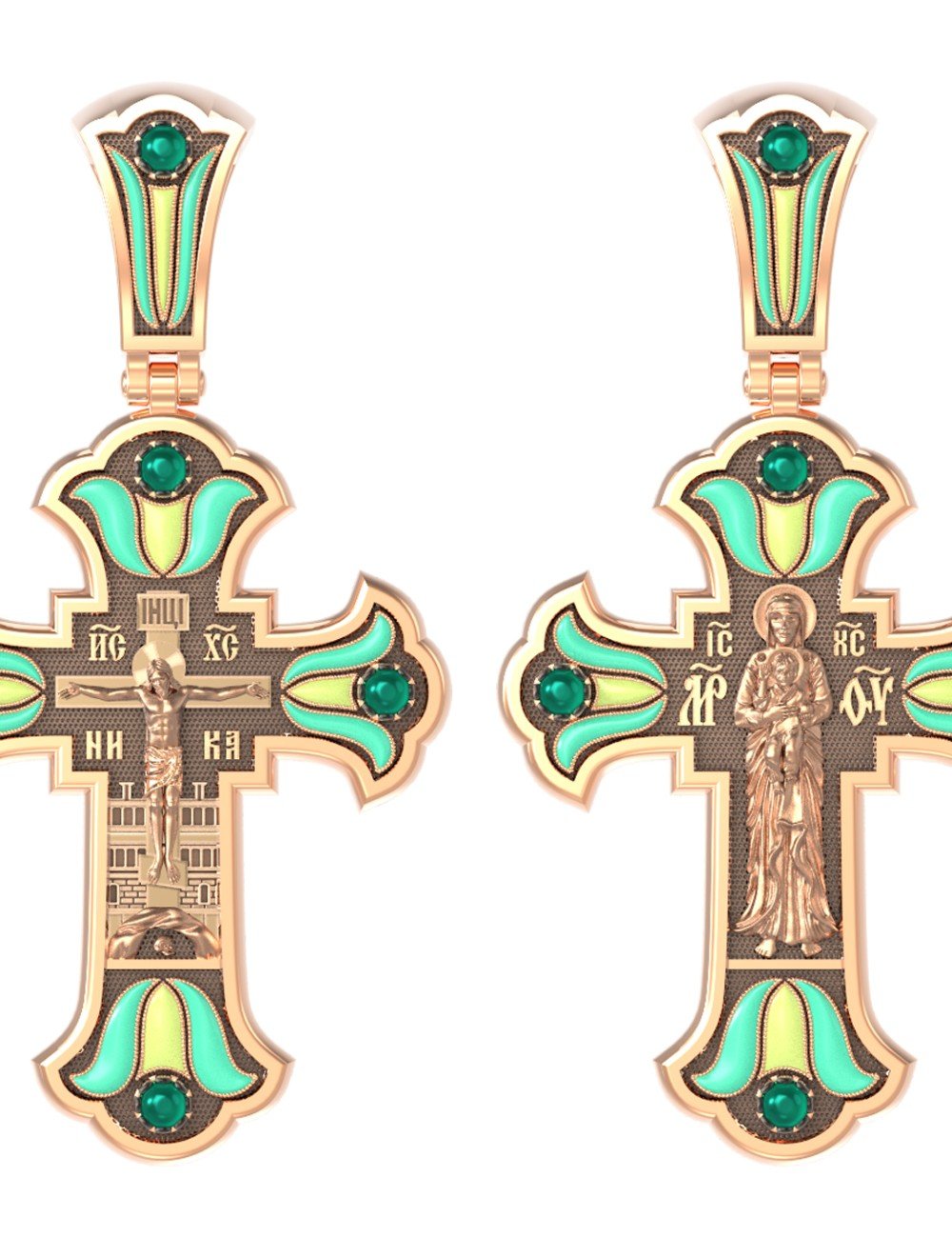 Крест из золота c эмалью и хризопразом