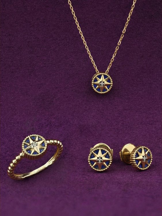 Кольцо из лимонного золота 585 пробы c бриллиантами и лазуритом