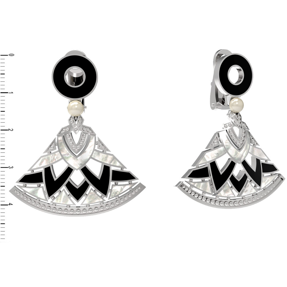 Серьги из белого золота 585 пробы c жемчугом, ониксом и перламутром