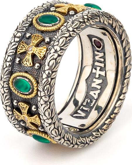 Кольцо из серебра 925 пробы и золота 750 пробы c бриллиантами, хризопразом и рубином