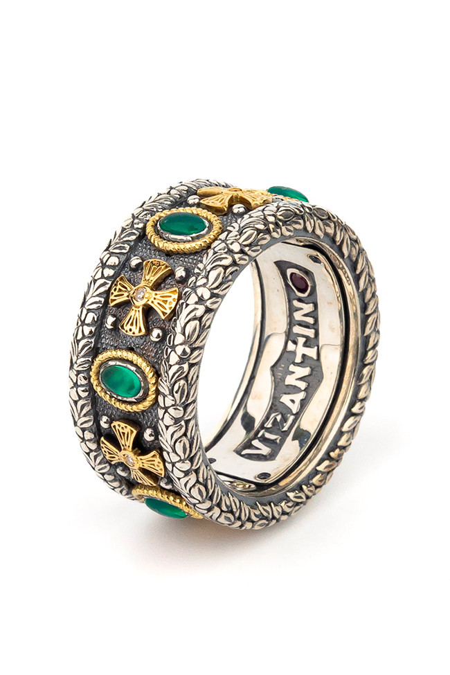 Кольцо из серебра 925 пробы и золота 750 пробы c бриллиантами, хризопразом и рубином