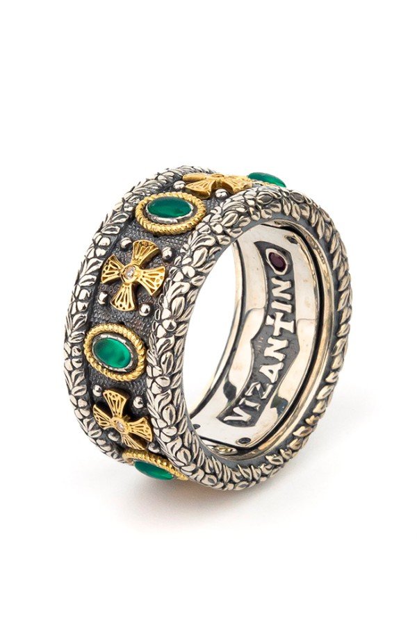 Кольцо из серебра и золота c бриллиантами, хризопразом и рубином