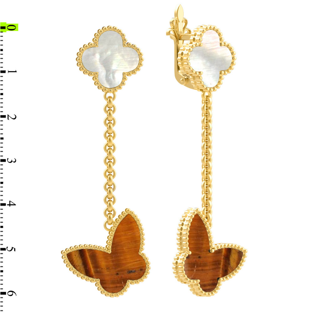 Серьги из лимонного золота 585 пробы c тигровым глазом и перламутром