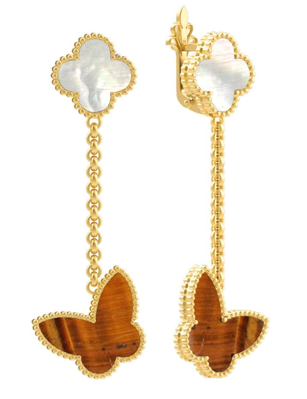 Серьги из лимонного золота c тигровым глазом и перламутром