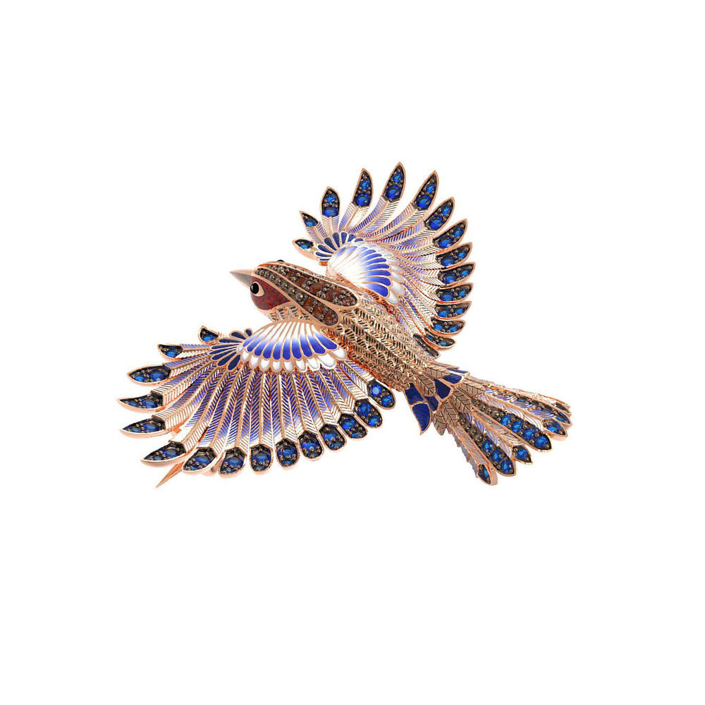 Брошь из красного золота 585 пробы c эмалью и фианитом