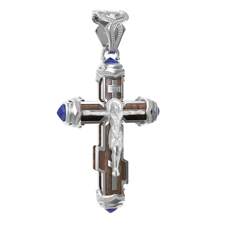 Крест из белого золота 585 пробы c лазуритом и железным деревом