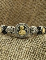 Браслет из серебра и золота c кожаным шнурком и ониксом