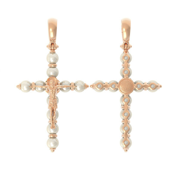 Крест из красного золота 585 пробы c жемчугом