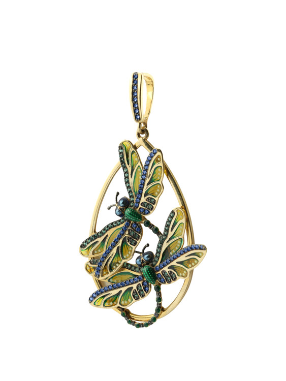 Подвеска из лимонного золота 585 пробы c сапфиром, изумрудом и эмалью