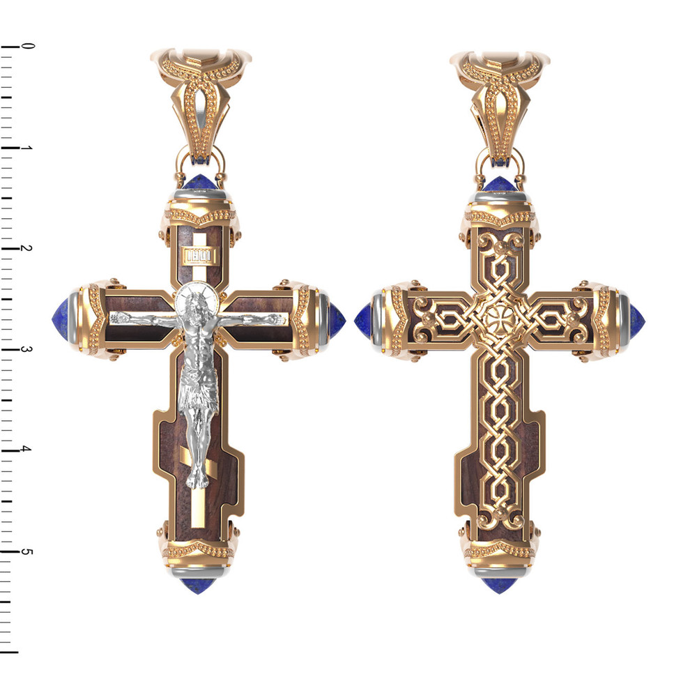 Крест из красного золота 585 пробы c лазуритом и железным деревом