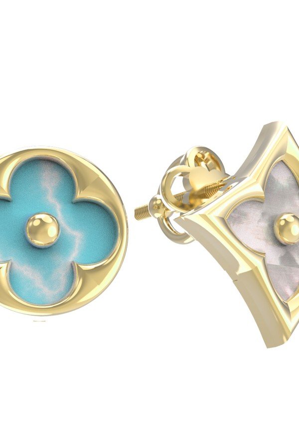 Серьги из лимонного золота c бирюзой и перламутром