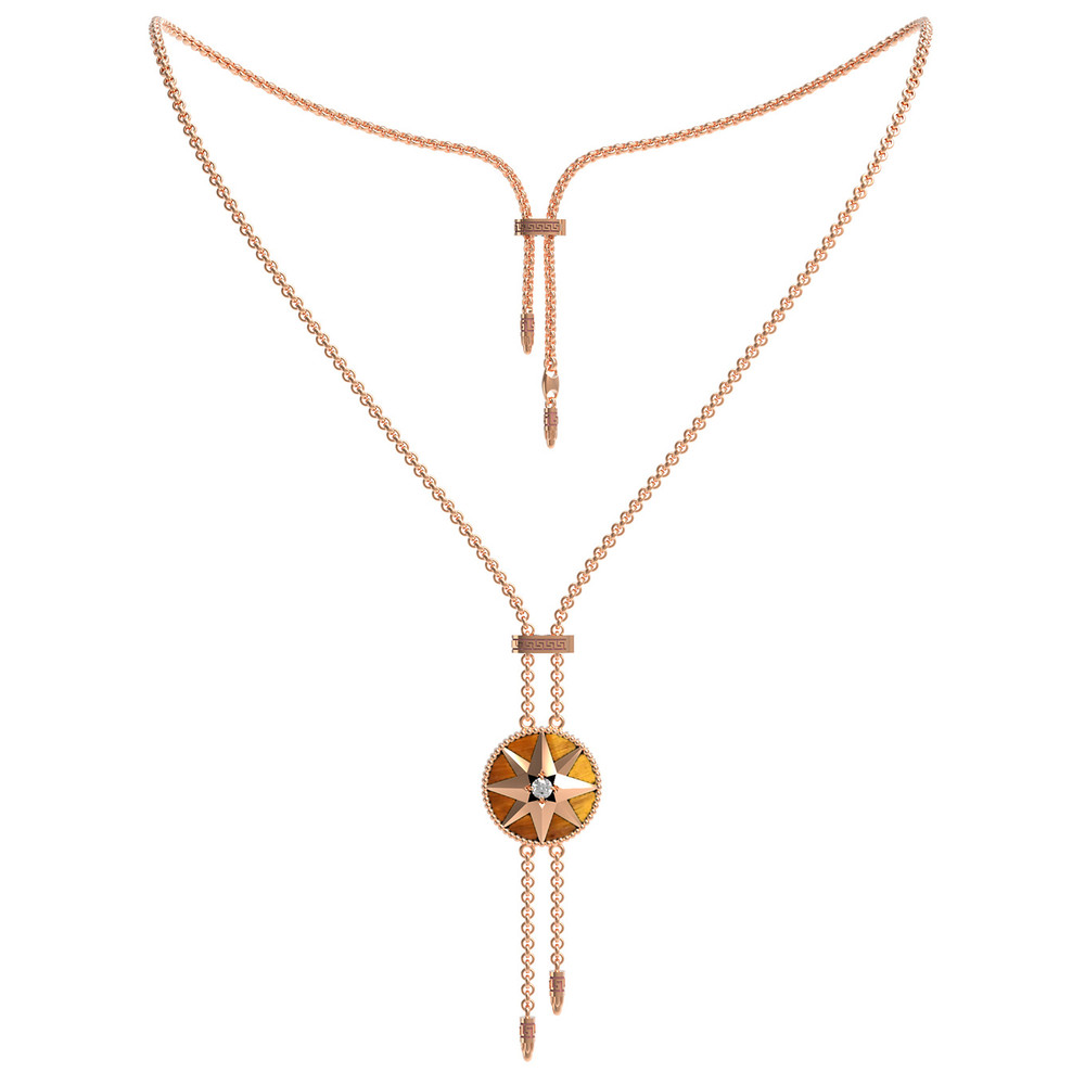 Колье из красного золота 585 пробы c фианитом, тигровым глазом и перламутром