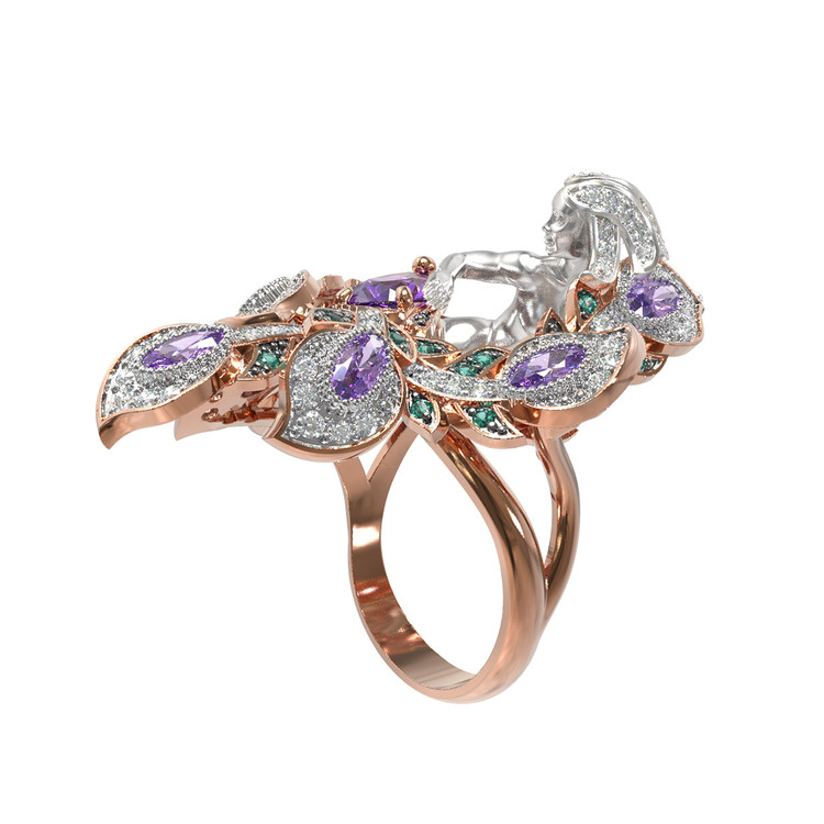 Кольцо из красного золота 585 пробы c фианитом и аметистом