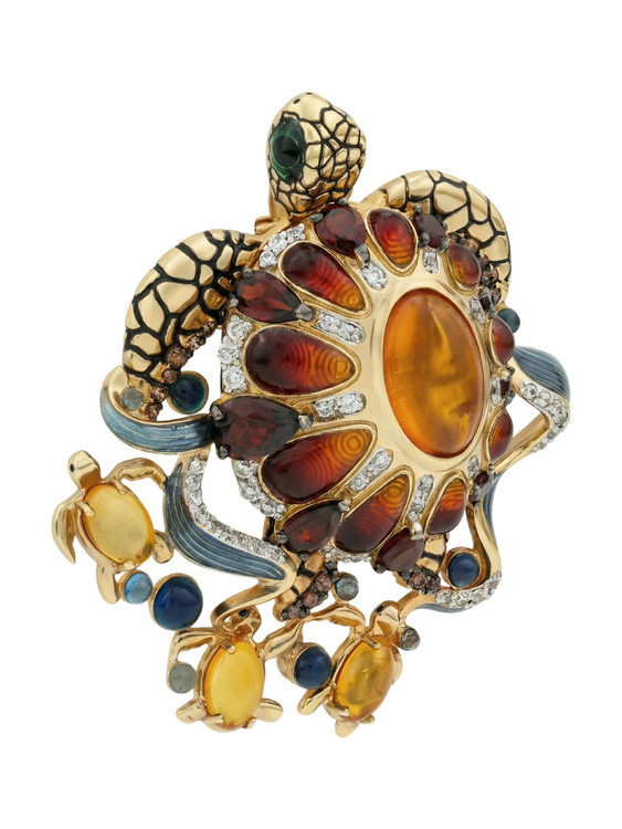 Брошь из лимонного золота 585 пробы c эмалью, фианитом, гранатом и янтарём