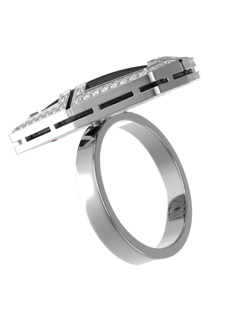 Кольцо из белого золота c бриллиантами, рубином и ониксом