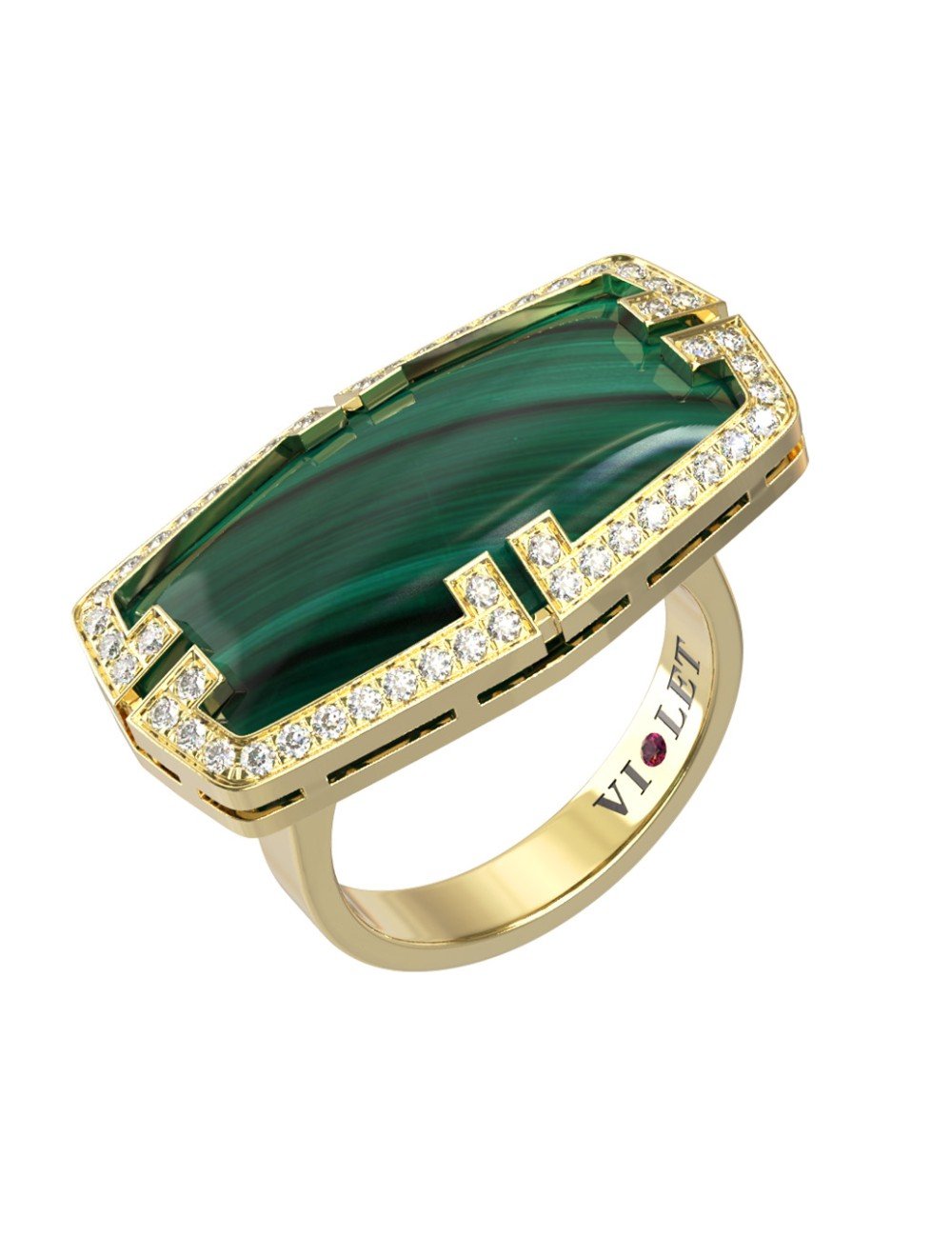 Кольцо из лимонного золота c бриллиантами, рубином и малахитом