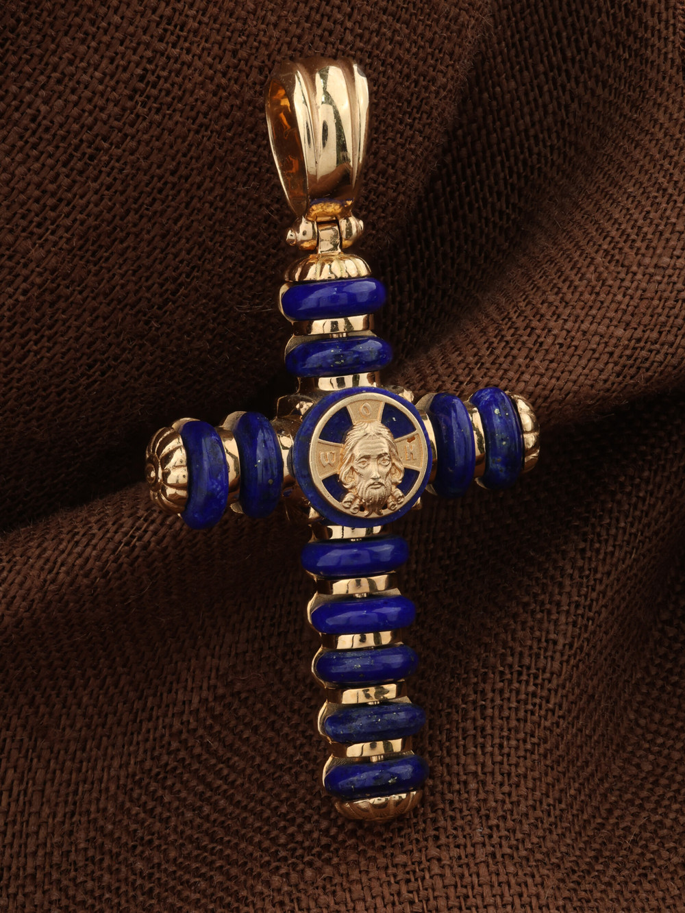 Крест из красного золота 585 пробы c лазуритом