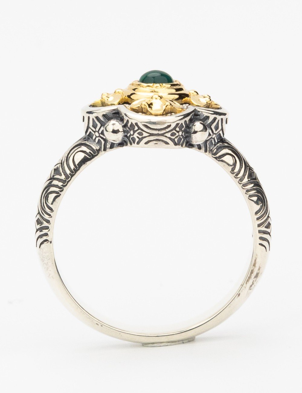 Кольцо из серебра и золота c хризопразом и рубином