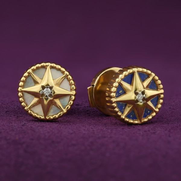 Серьги из лимонного золота 585 пробы c бриллиантами, лазуритом и перламутром