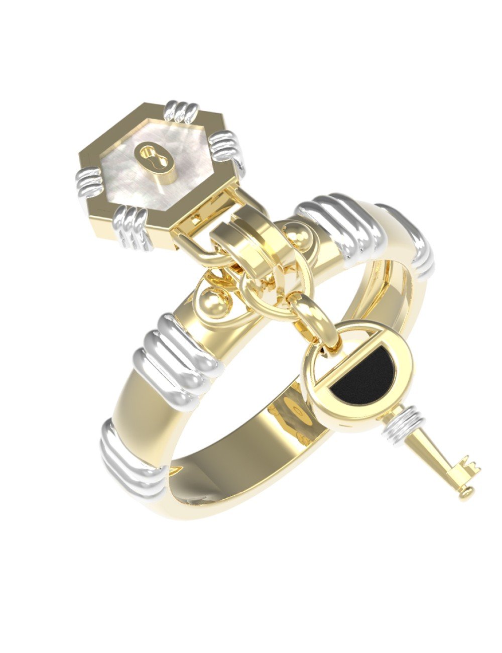 Кольцо из лимонного золота c ониксом и перламутром