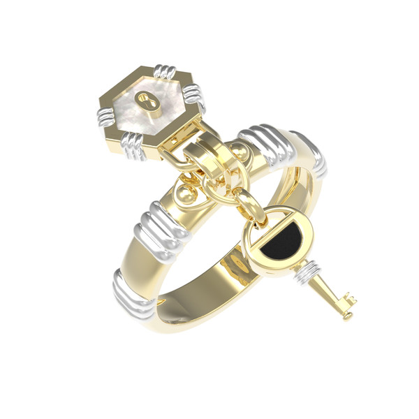 Кольцо из лимонного золота 585 пробы c ониксом и перламутром