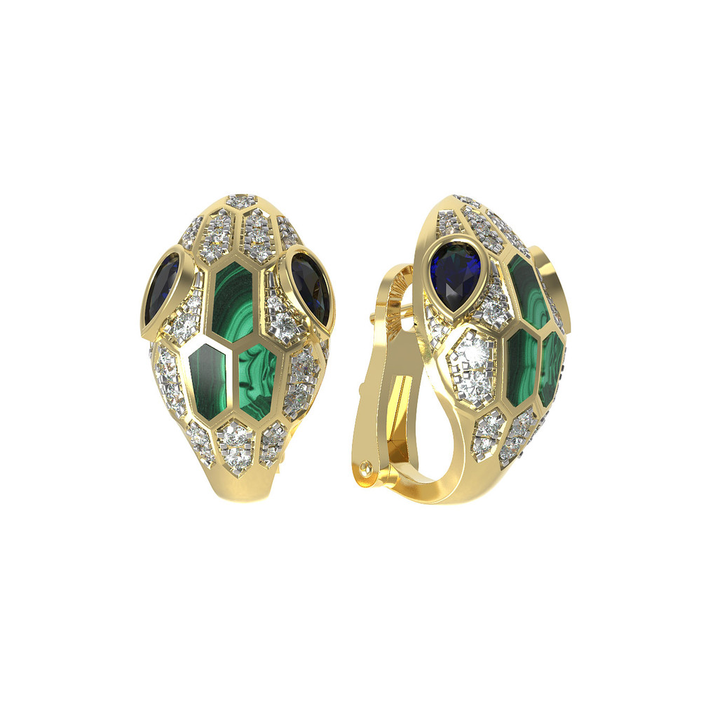 Серьги из лимонного золота 585 пробы c бриллиантами, сапфиром и малахитом