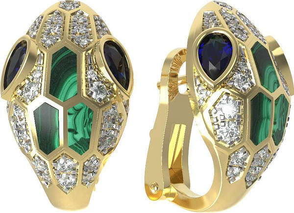 Серьги из лимонного золота 585 пробы c бриллиантами, сапфиром и малахитом