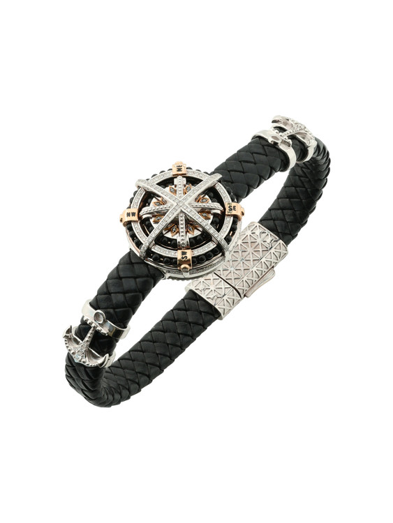 Браслет-шнурок из белого золота 585 пробы c эмалью, бриллиантами, кожаным шнурком и ониксом