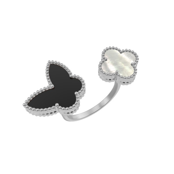 Кольцо из белого золота 585 пробы c ониксом и перламутром