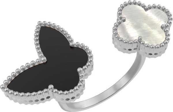 Кольцо из белого золота 585 пробы c ониксом и перламутром