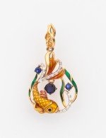 Подвеска из золота c эмалью, фианитом и сапфиром