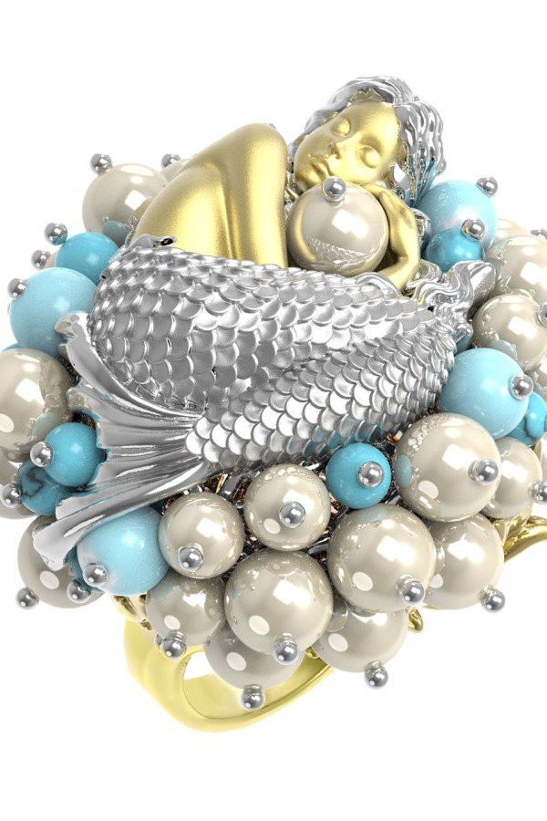 Кольцо из лимонного золота c жемчугом и бирюзой