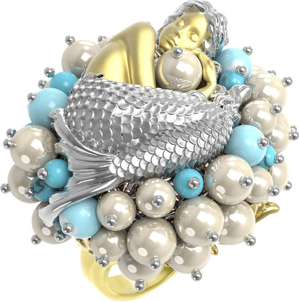 Кольцо из лимонного золота 585 пробы c жемчугом и бирюзой