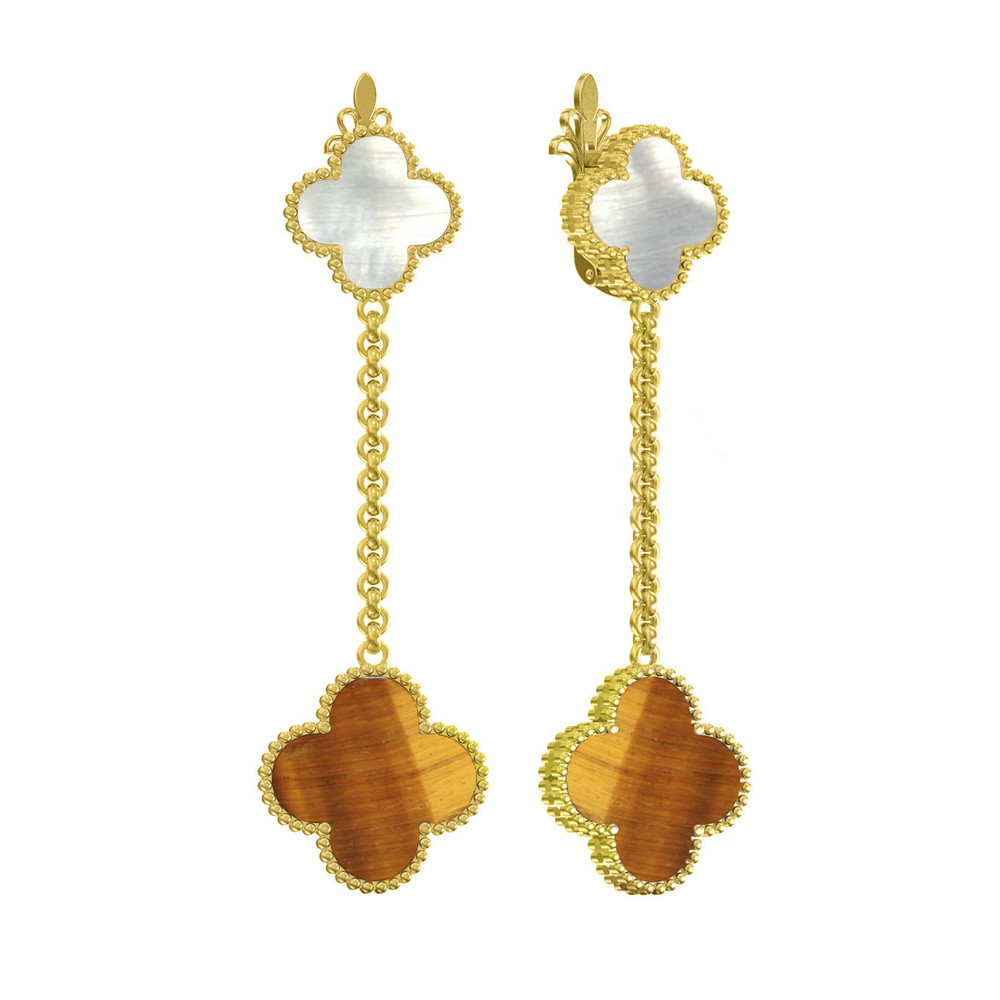 Серьги из лимонного золота 585 пробы c тигровым глазом и перламутром