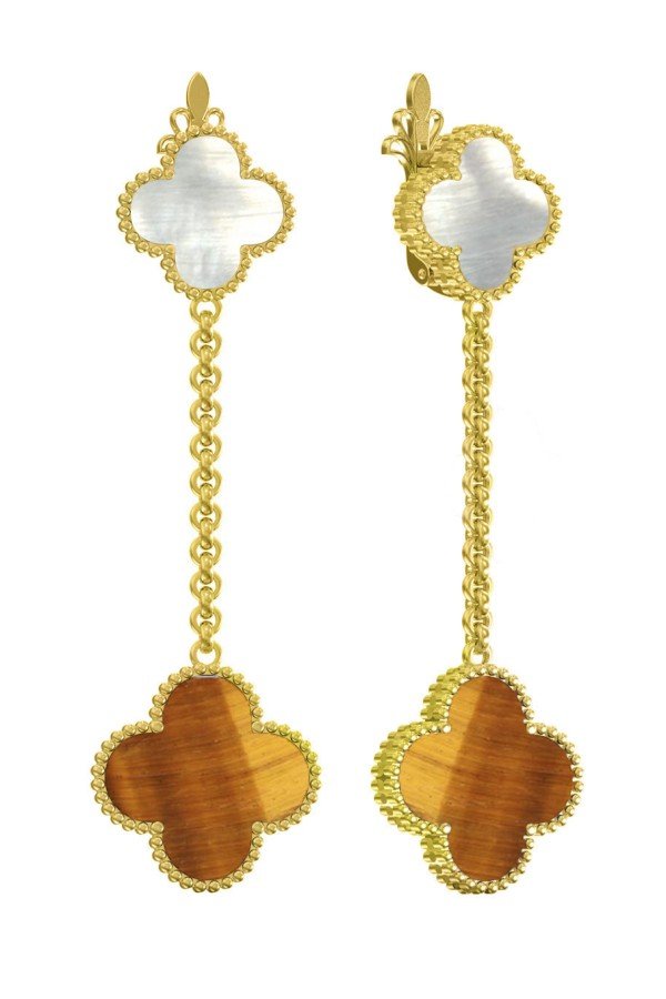 Серьги из лимонного золота c тигровым глазом и перламутром